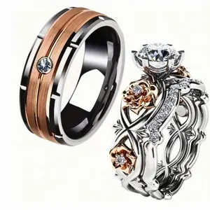 1/2 Set of Charming Couple Rings - Stainless Steel for Men and 2 Rose Cubic Zirconia Rings for Women, Surprise Gift Jewelry for Wedding, Engagement