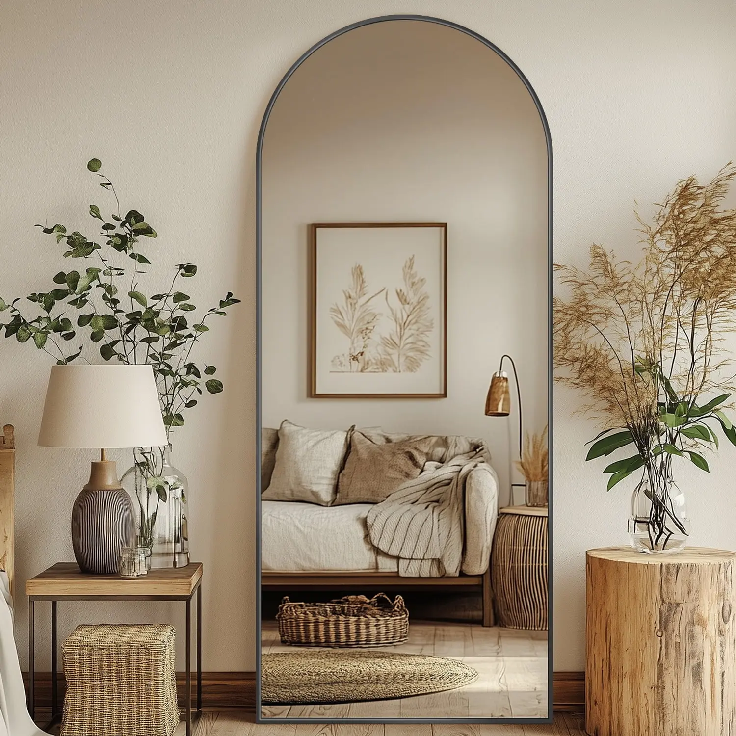 Antok Arched Full Length Mirror 58.3"x18",58" x21" Standing Floor Mirror with Black Frame, Durable Anti-Shatter Glass, Freestanding/Wall Mountable for Bedroom, Living Room, Dressing Room