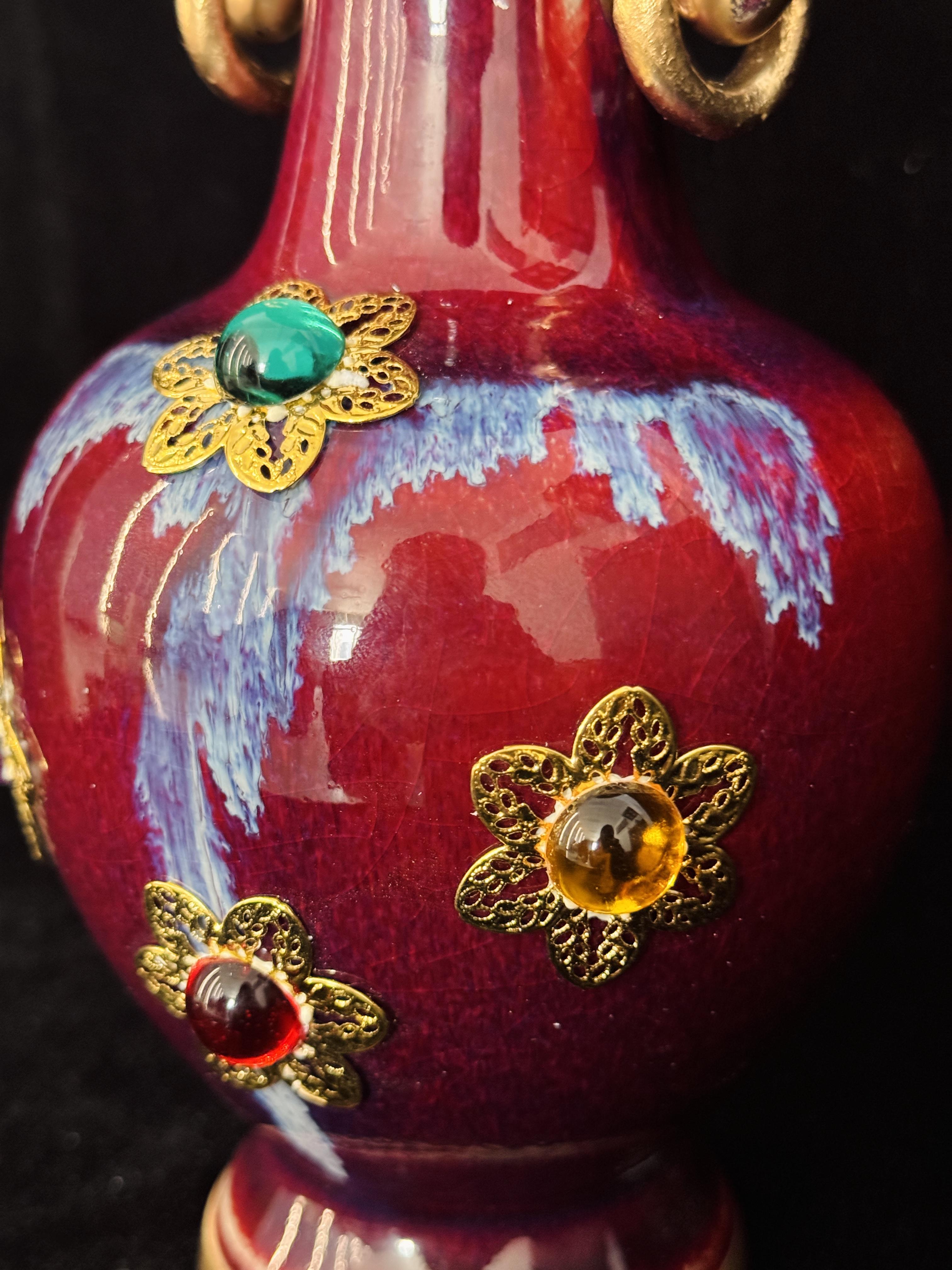 Handmade Chinese Jun Porcelain Vase with Gold Elephant Handles & Gem Inlays, Vintage Red Glaze Luxury Ceramic Vase, Unique Asian Art Home Decor