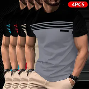 Pack of 4 Men’s Casual T-Shirts – Summer Collection featuring color-block striped prints, breathable polyester fabric, regular fit crew neck top, fashionable trend, soft texture, suitable for young people