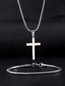 Fashion Cross Pendant Necklace & Snake Design Bracelet, Stainless Steel Jewelry Set for Party, Daily Clothing Decor, Trendy All-match & Exquisite Jewelry for Birthday Gift