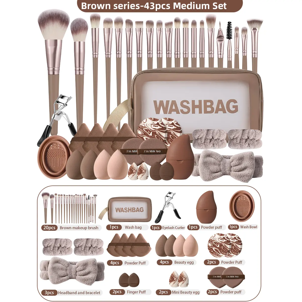 43Pcs Full Size Vegan Fiber Makeup Brushes Set - Full Face & Eye Tool Kit with Powder, Blush, Concealer, Eyeshadow Brushes, Elastic Fleece Headband, Silicone Cleaner Bowl, Storage Bag for Daily Use by Beginners, Girls (Gift for Christmas, Valentine’s Day)