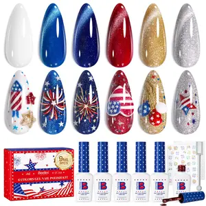 Beetles 4th of July Gel Nail Polish Set - 6 Colors Independence Spark Cat Eye Gel Polish Kit Glitter Blue Red White Sliver Gold with Magnet & Stickers Soak Off Uv Nail Art at Home Gift for Women