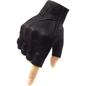 Fingerless Motorcycle Gloves, for Men's Leather Riding Driving Gloves with Hand Knuckle GM037