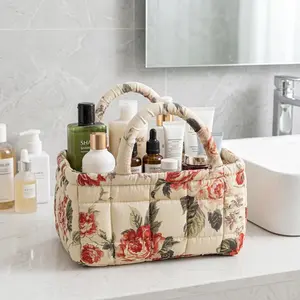 Floral Quilted Storage Basket with Handles, Aesthetic Fabric Organizer Tote, Cute Storage Bin for Bathroom, Vanity & Home Use