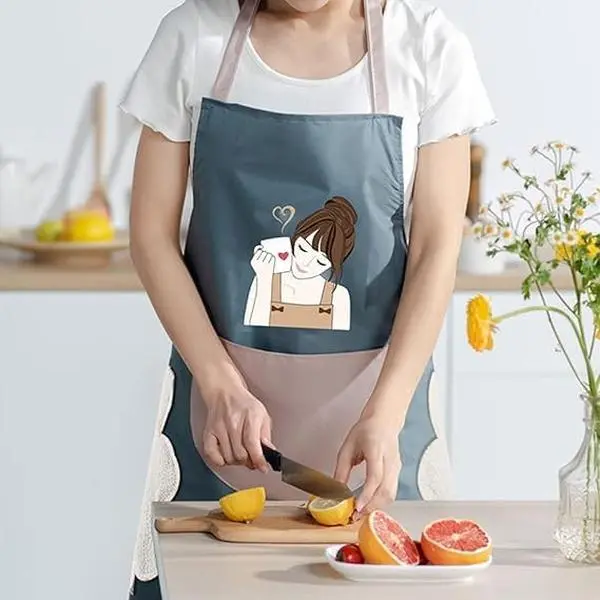 Ergonomic Apron for Women Wholesale Water Oil Proof Kitchen Accessory Artistic Cloth with Large Pocket & Adjustable Strap Stylish PVC Printed Apron for Cooking and Cleaning Cloth Hand Wipe