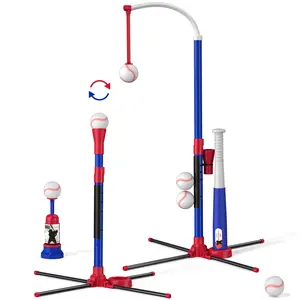 3-in-1 Baseball Set for Kids 3-5 - Tee Ball Stand, Hanging Tee, Ball Launcher and 6 Softballs - Adjustable Height, Indoor/Outdoor Sport Gifts for Boys, Blue/Purple