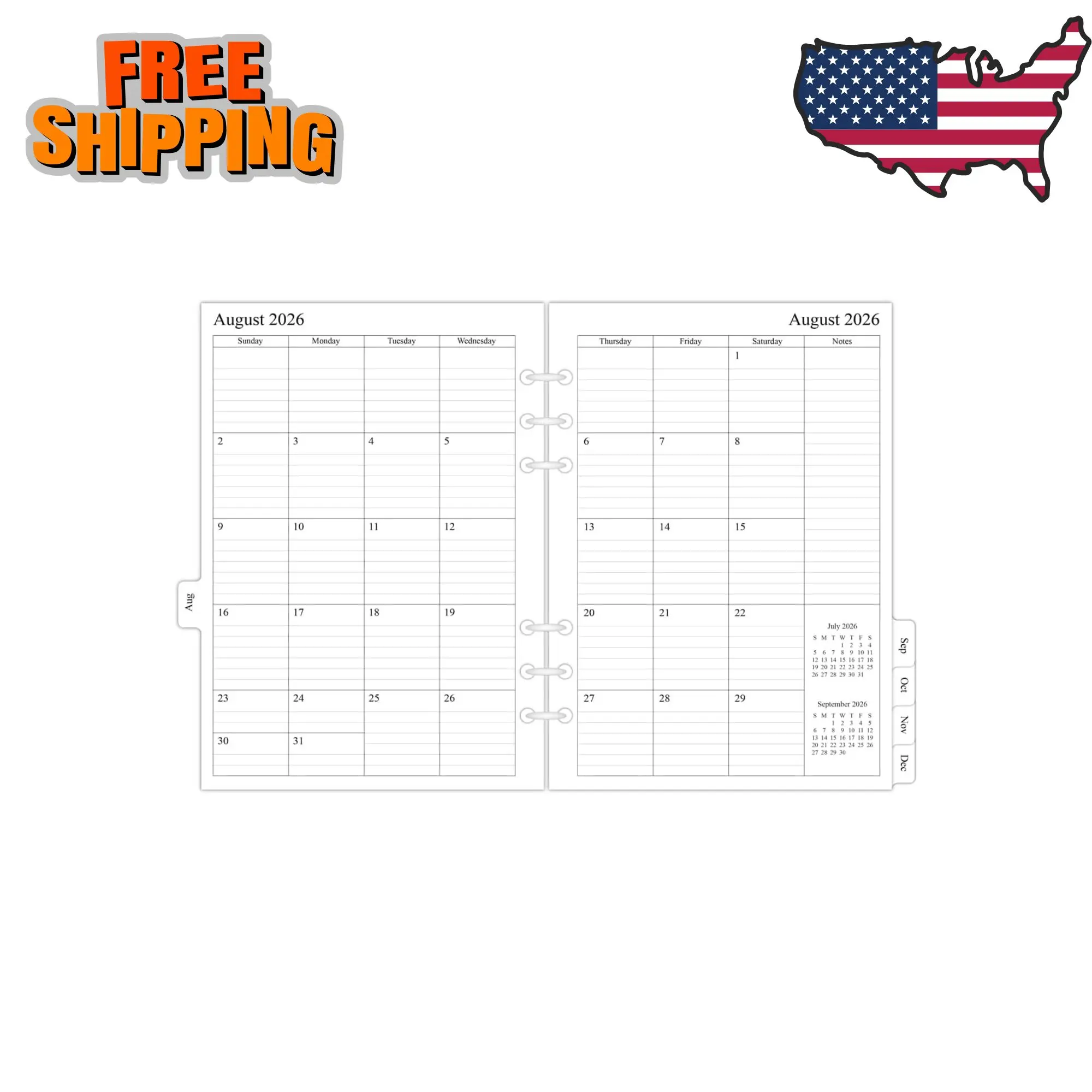 2026-2027 Monthly Planner Refills for A5 6-Ring Binder