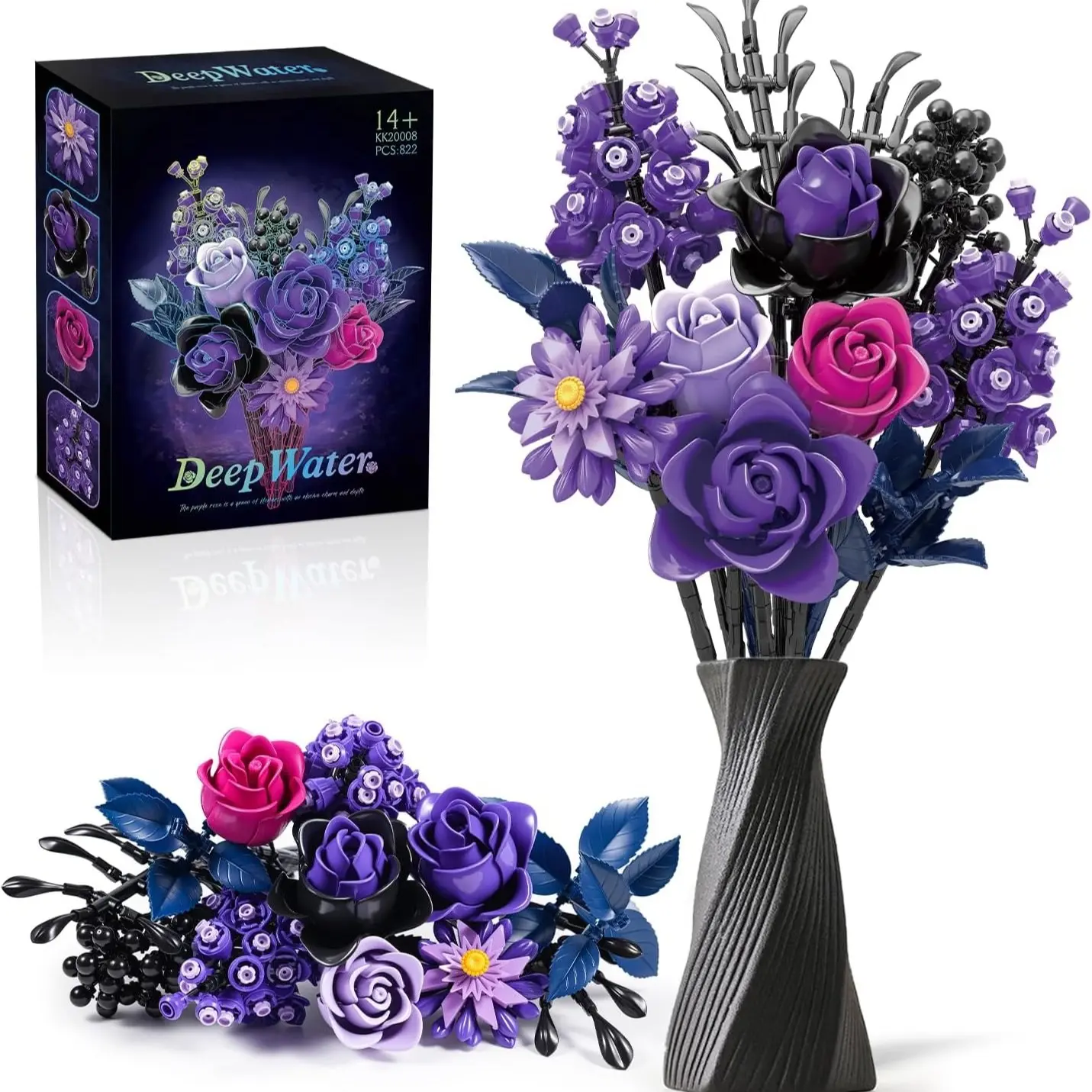 Purple Rose Building Block Set (822 PCS) - DIY Fake Flowers Compatible Flower Model for Adults, Home or Office Decoration, Ideal for Women and Girls, Perfect Gift for Halloween and Valentine's Day