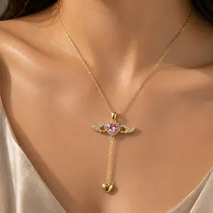 18k Gold and Silver Angel Wing Necklace for Her Mothers Day Gift with Pink Crystal Heart Charm