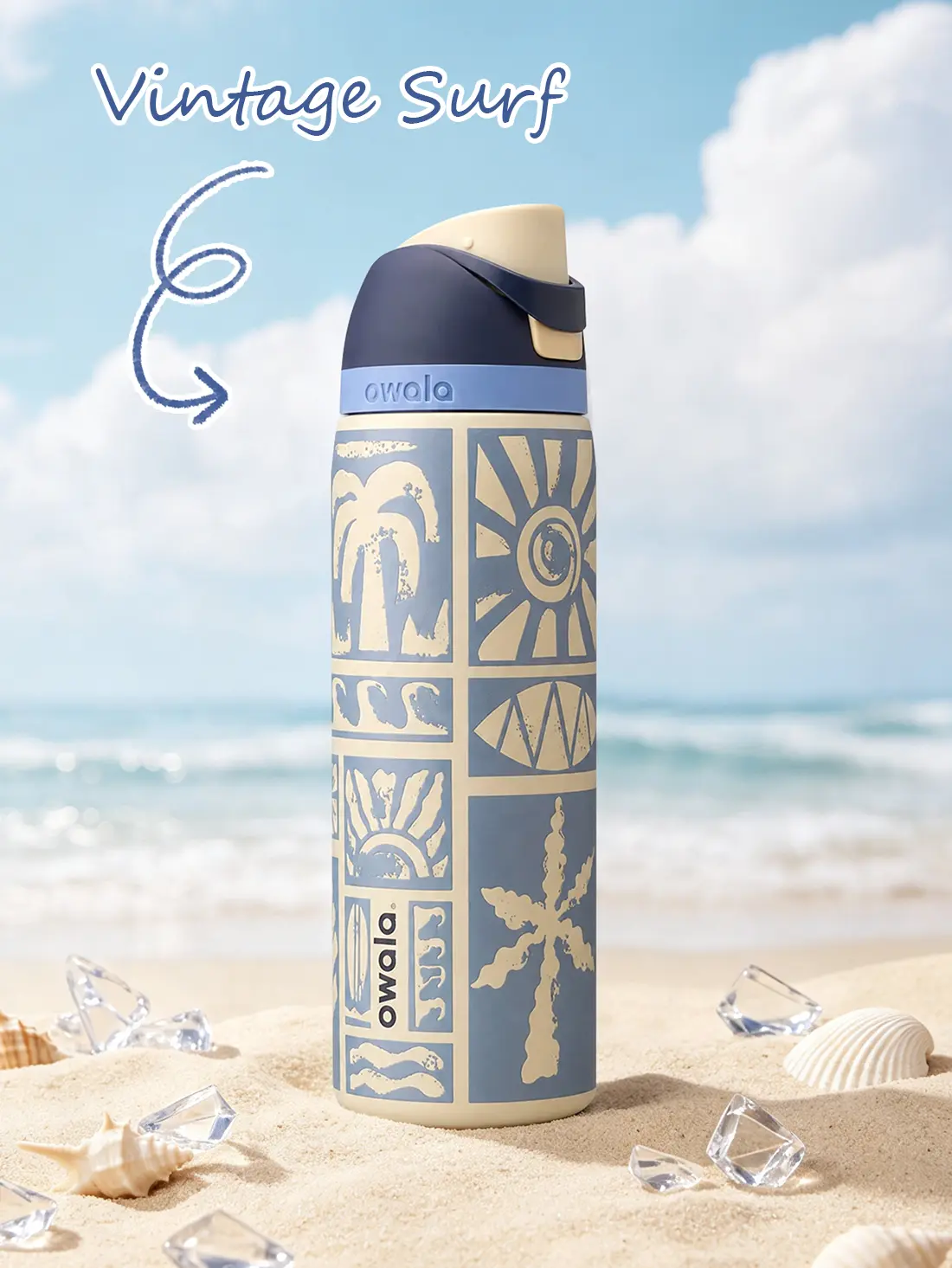 OWALA FreeSip 32oz Vintage Surf Limited Edition Triple Layer Stainless Steel Water Bottle with Beach Wave Art - Leakproof Lid, Built-In Straw - Ideal for Outdoors, Travel, Birthday Gifts