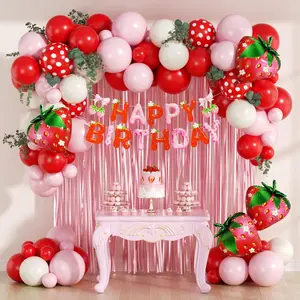 Strawberry Birthday Party Decorations with Pink Fringe Curtain Happy Birthday Banner Pink Red Sand White Balloons for Strawberry Themed 1st Baby Shower Party Decorations
