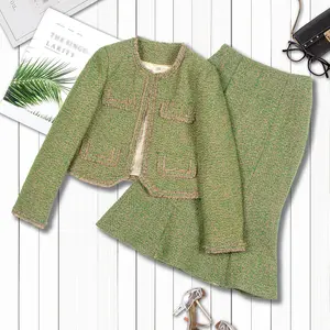 DS Unique Design Women's 2-Piece Gingham Coarse Woolen Set - Chic Long Sleeve Round Neck Cardigan with Pocket & Fishtail Skirt, Slimming Elegant Green Autumn Winter Outfit for Socialites,summervibes