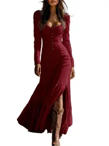 Retro Western Style Button Pleated Long Sleeve Sexy Dress Asymmetric Skirt Solid Color 100% Polyester Mid Waist S-3XL Casual Fabric Vintage Neck Surplice Womenswear Summer Minimalist Red