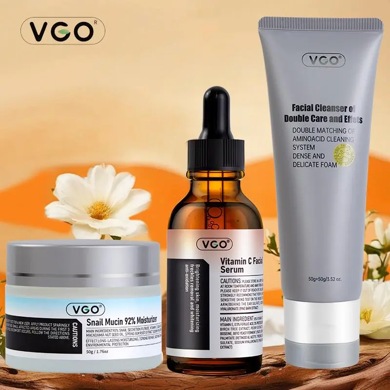 VGO 3-Step Skincare Kit for Smooth Skin - Daily Facial Routine Set with Gentle Foaming Cleanser, Anti-Oxidants Vitamin C Serum, 92% Snail Mucin Cream, Lightweight Nourishing Formulas, 24 Months Shelf Life, Moisture Boost
