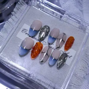 Blue French Tip 3D Metal Press On Nails, Handmade Reusable Almond Fake Nail