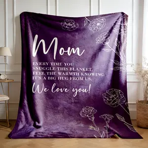 [Soft flannel blanket] Love your mom inspirational message | Flower pattern, purple, suitable for all seasons, machine washable, modern style, versatile sofa
