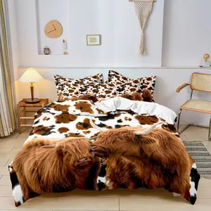 Highland Cow Digital Print Bedding Set, 3-Piece (1 Fitted Sheet + 2 Pillowcases), Polyester Fiber, Comfortable and Stylish