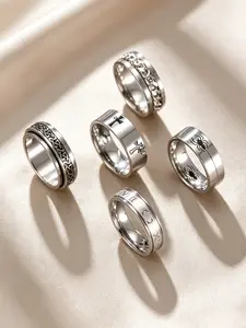 5Pcs Stainless Steel Spinner Rings Set For Men, Cross Spider Roman Numeral Chain Cool Stackable Finger Rings, Hypoallergenic Fade-resistant Jewelry For Daily Party Wear, Perfect Holiday Birthday Gift For Him