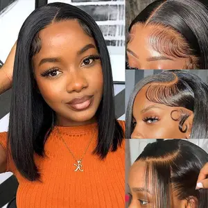 Bob Wig 100% Human Hair Wigs Glueless Lace Front 180% Density 10 Inches Bob, Pre Cut Plucked Lace Short Wig Ready To Go Natural Color Straight Bleached Knots Black Wigs
