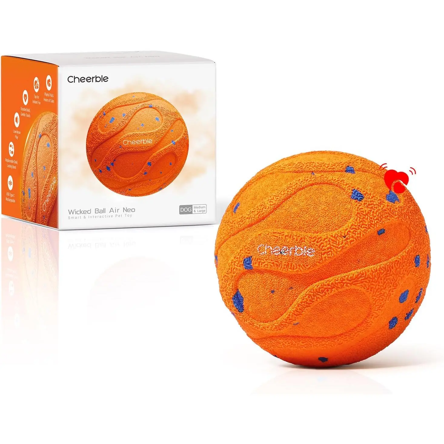 Cheerble Wicked Ball AIR Neo Smart Interactive Dog Toy Ball, Heartbeat Function, Automatic Moving-Bouncing-Rotating, ETPU Material, IPX7 Waterproof, Reduces Anxiety, Smart Play for Medium/Large Dogs, 112 Grams, Interactive Ball