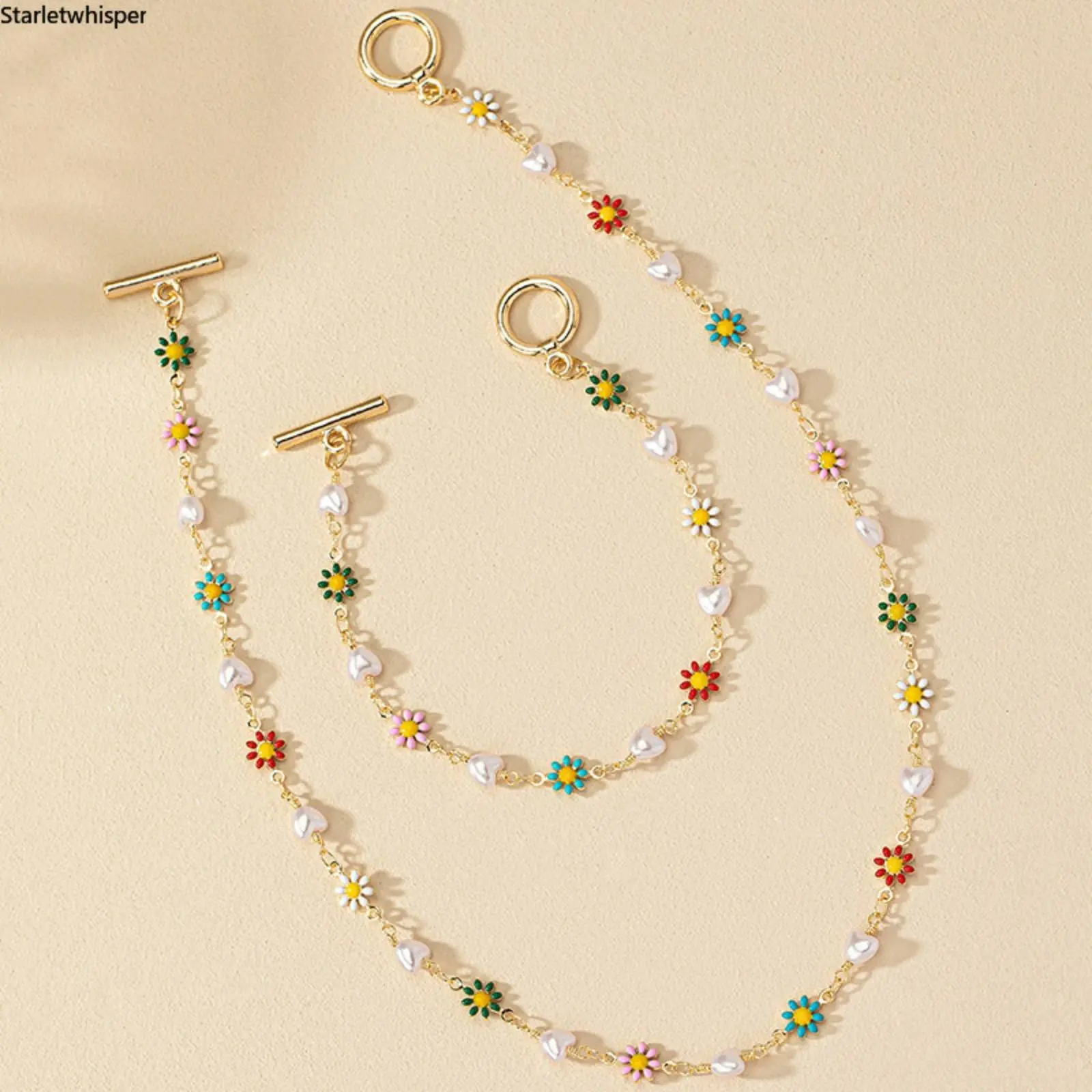 Women's Fashionable Daisy & Heart Pearl Jewelry Set, Korean-Style Trendy Chain Necklace & Bracelet, Elegant Minimalist Design, Ideal for Daily Commute & Casual Wear, Fashionable Jewelry Set