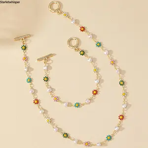 Women's Colorful Daisy & Heart Pearl Jewelry Set, Trendy Korean Style Chain Necklace & Bracelet, Elegant Minimalist Design, Perfect for Daily Commute & Casual Wear