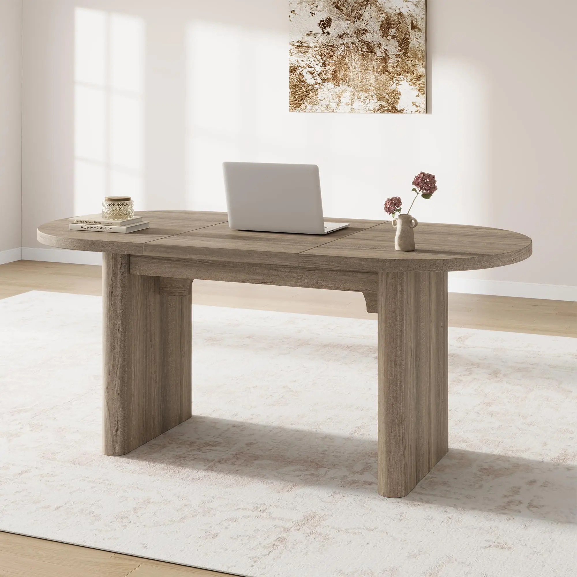 GAOMON Oval Executive Desk, Wood Office Desk, Large Aesthetic Computer Desk, Farmhouse Wooden Laptop Desk with Double Pedestal, Study Writing Table Workstation for Home Office.