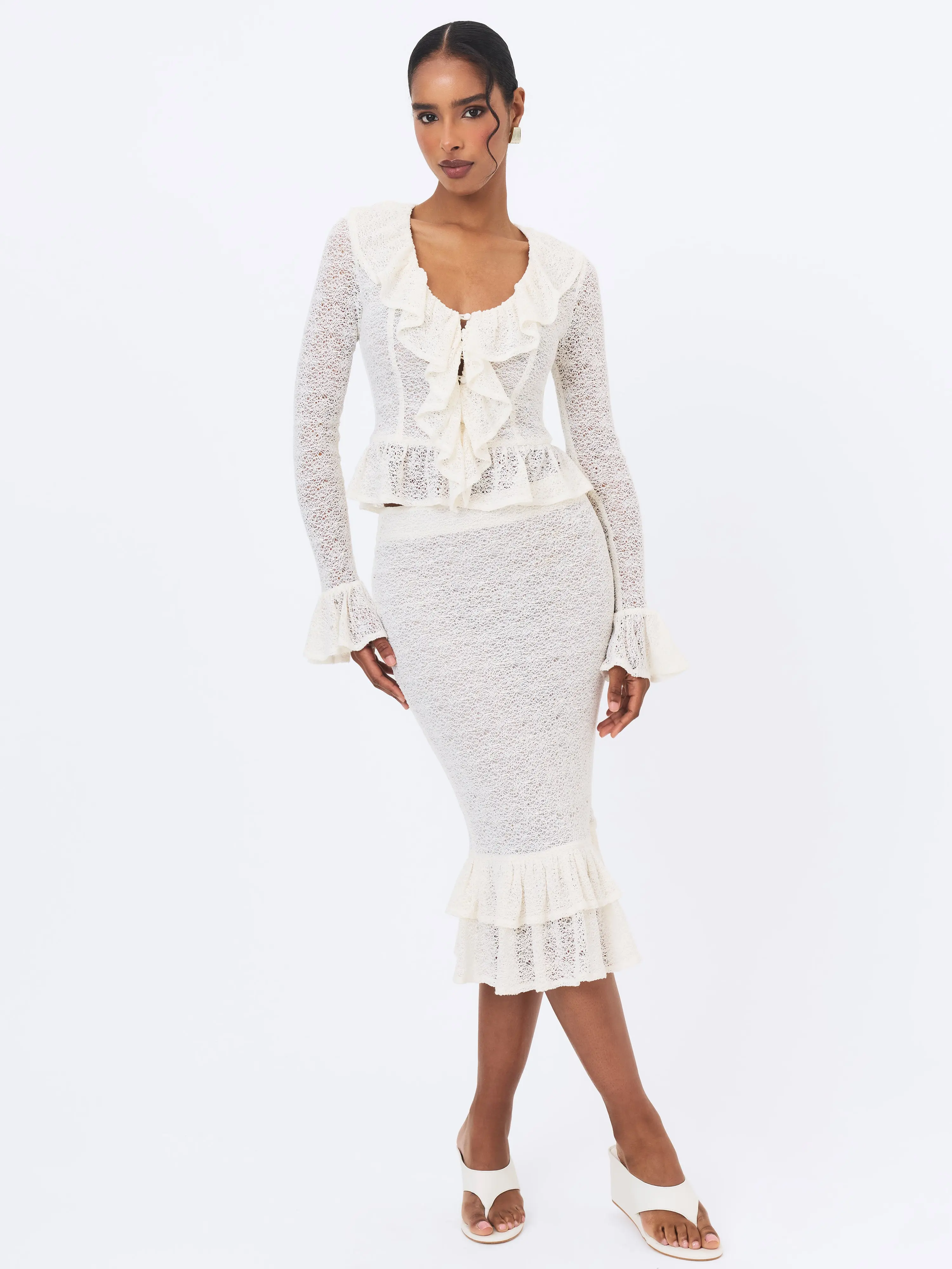 Urvi Ivory Crochet Ruffle Midi Skirt
