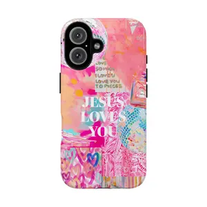 Mclaiwoodshop Pink Preppy Collage Preppy Wall Collage Jesus Loves You I Love You To Pieces Colorful School Girls Phone Cases Phone Cover Hard Case Tough 2-piece Magnetic Phone Case Magnetic Pop Socket Phone Grip