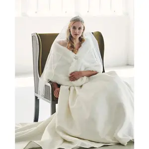 Marionat Bridal Faux Fur Cape with Rhinestone Pin 7112