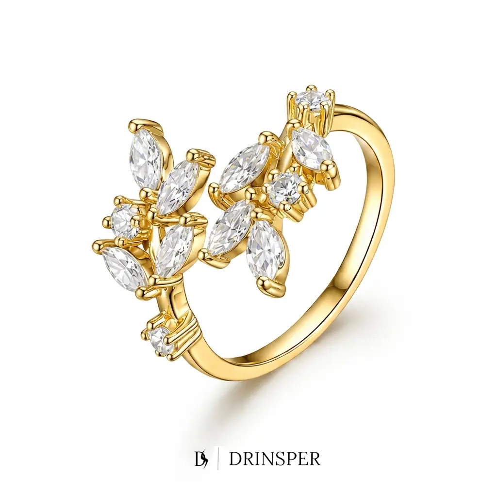 DRINSPER Divine Leaf Open Ring for Women, S925 Sterling Silver Ring with Cubic Zirconia Leaf Design, Silver & 18K Gold Plated Adjustable Bypass Open Band Jewelry Gift for Faith, Nature Lovers, Birthday, Anniversary, Elegant Everyday Wear Accessory, Ready
