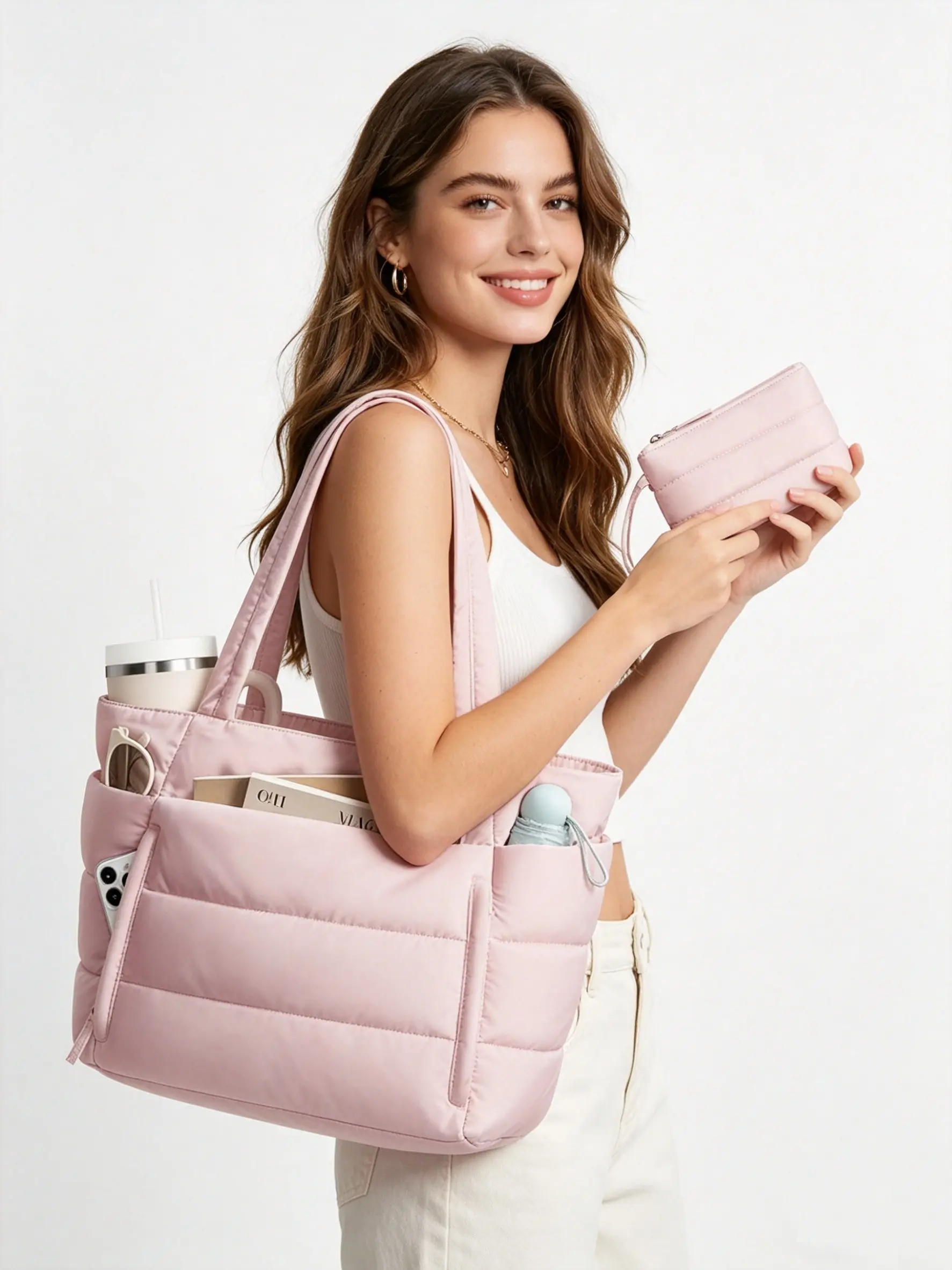 Women's Solid Color Fashionable Quilted Totebag, Lightweight Puffer Design Shoulder Bag, Casual Trendy Versatile Daily Commuting Bag for Travel & Work & Beach, Multifunctional Shoulder Bag, Daily Commuter Bag