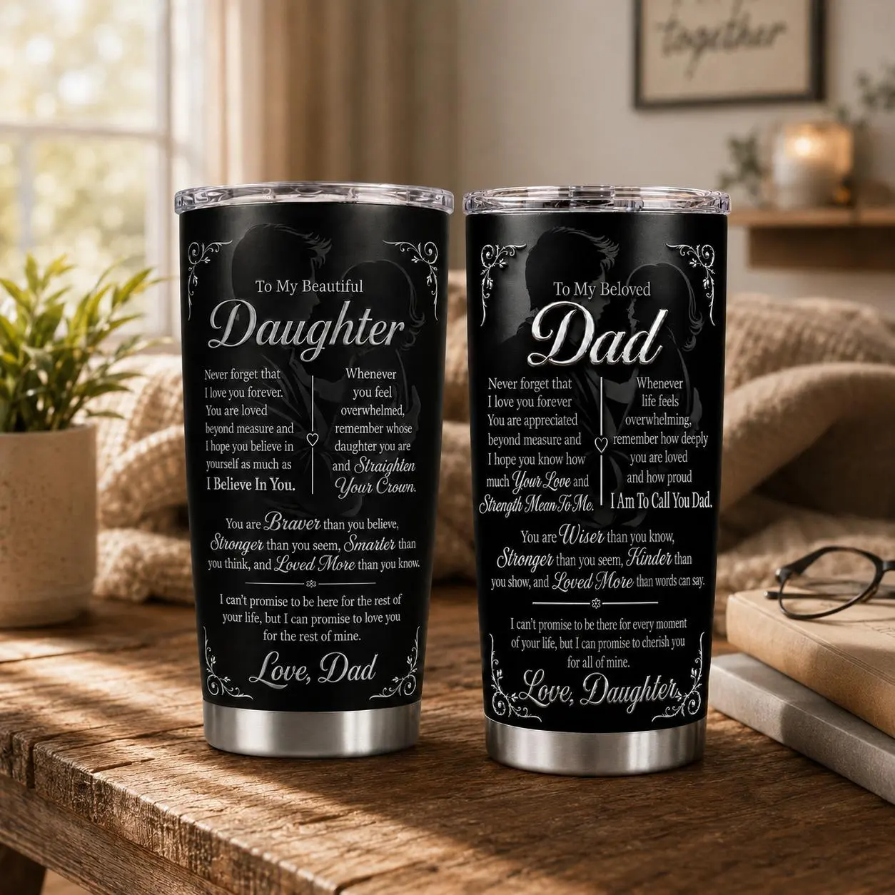 To My Beautiful Daughter & To My Beloved Dad Tumbler, Father Daughter Love Gift, Inspirational Family Tumbler, 3D Effect