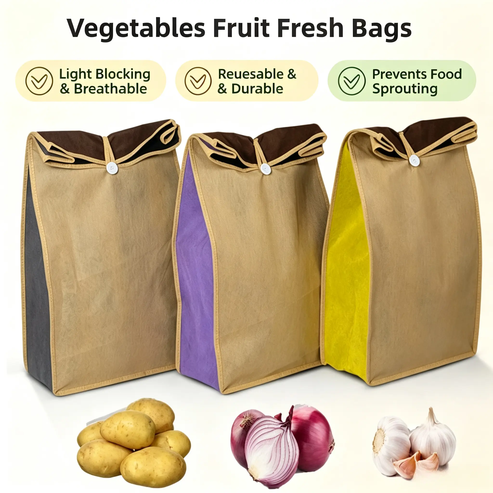 Potato & Onion Sprout-Free Storage Bags,Vegetables Fruit Fresh Bags, Light-Blocking Breathable Reusable Zippered Veggie Saver, Prevents Sprouting Extends Shelf Life, Space-Saving Pantry Organizer