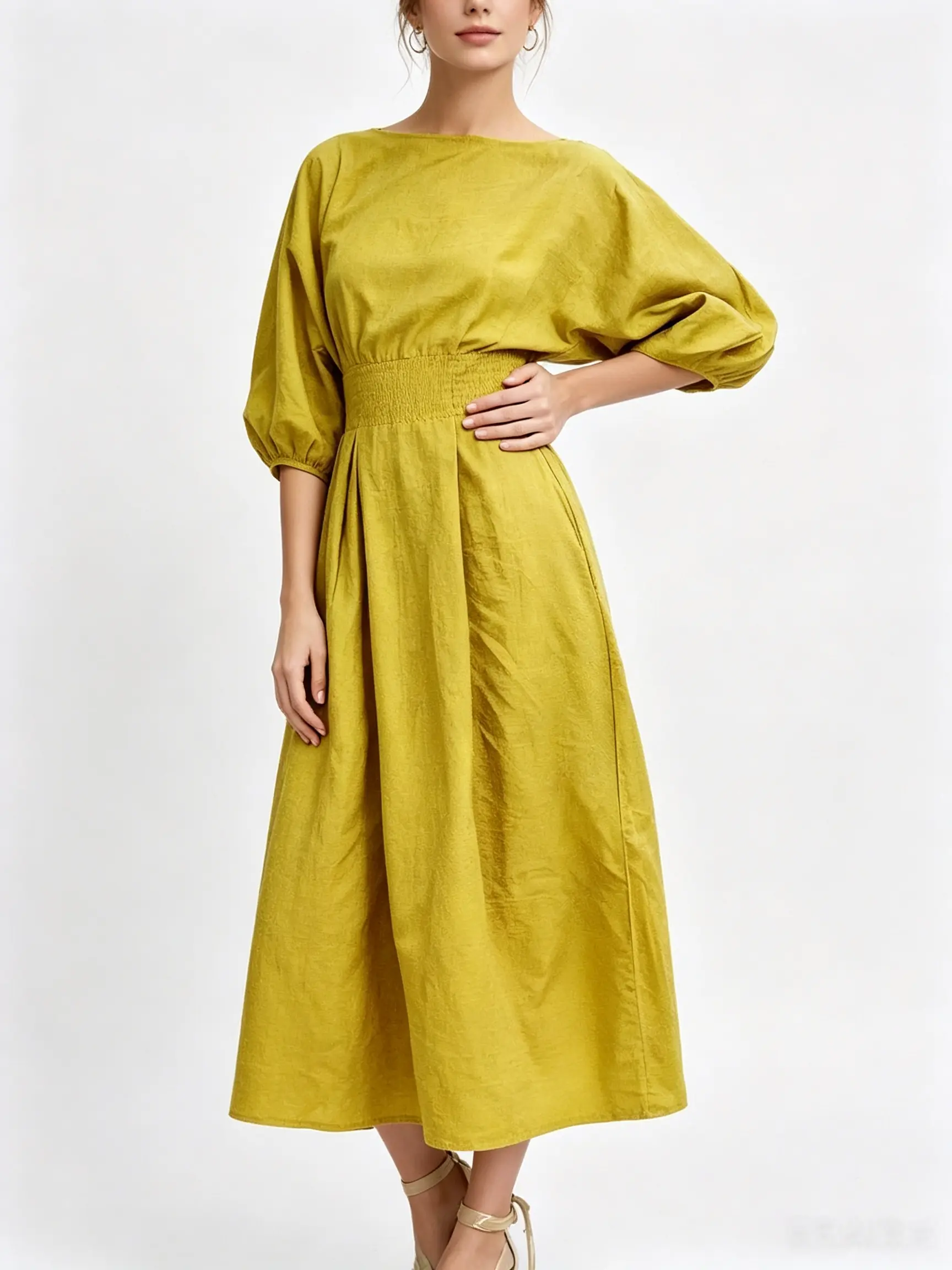 Women's Casual Summer Solid-Color 1-Shoulder Puff-Sleeve Midi Dress - Gathered Waist for Cinched Fit, Loose Flared Skirt, Suitable for Commuting, Vacations Womenswear Basic, Comfortable