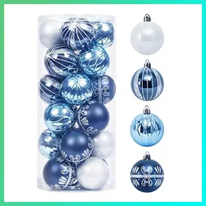 RoseCraft 2.36"/60mm Hand-Printed Christmas Ball Ornaments Set，24PCS Shatterproof Christmas Tree Decor Decorative Set, for Home, Holiday, Thanksgiving Xmas Hanging Decortions - Blue.