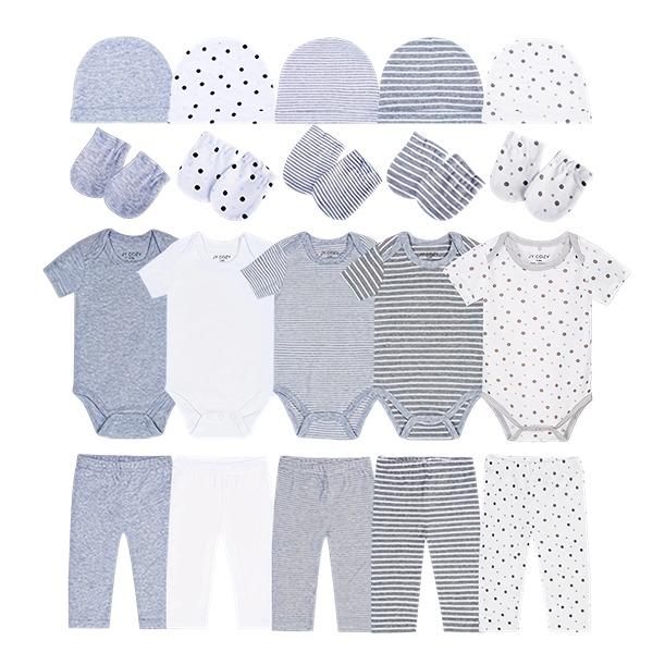 JY.COZY FOR BABY Baby Girl Boy Clothes Onesie Set 20 Pack 100% Organic Cotton 5 Bodysuits 5 Pants 5 Hats 5 Gloves Hypoallergenic Breathable Stretchy OEKO-TEX Certified for All Seasons Playdate Christening Photo Shoot