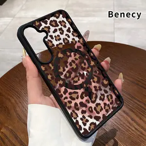Leopard Print Elegance Pattern Magnetic Phone Case Compatible with Samsung Galaxy S23 Ultra S24 Plus FE S25 S22+ Non-Yellowing Clear Crystal Drop-proof Slim Silicone Shockproof Transparent Acrylic Cover Supports Wireless Charging
