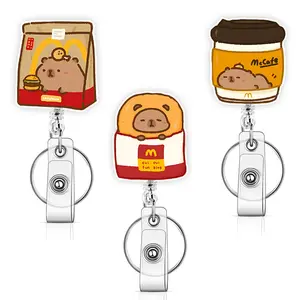 3-piece M Capybara Chest Badge Reel Set, Portable Badge Reel, Retractable, with Keyring, Nurse Badge Clip, ID Holder for Teachers, Nurses, Doctors, Staff (Round),Bowels ID Badge Reel
