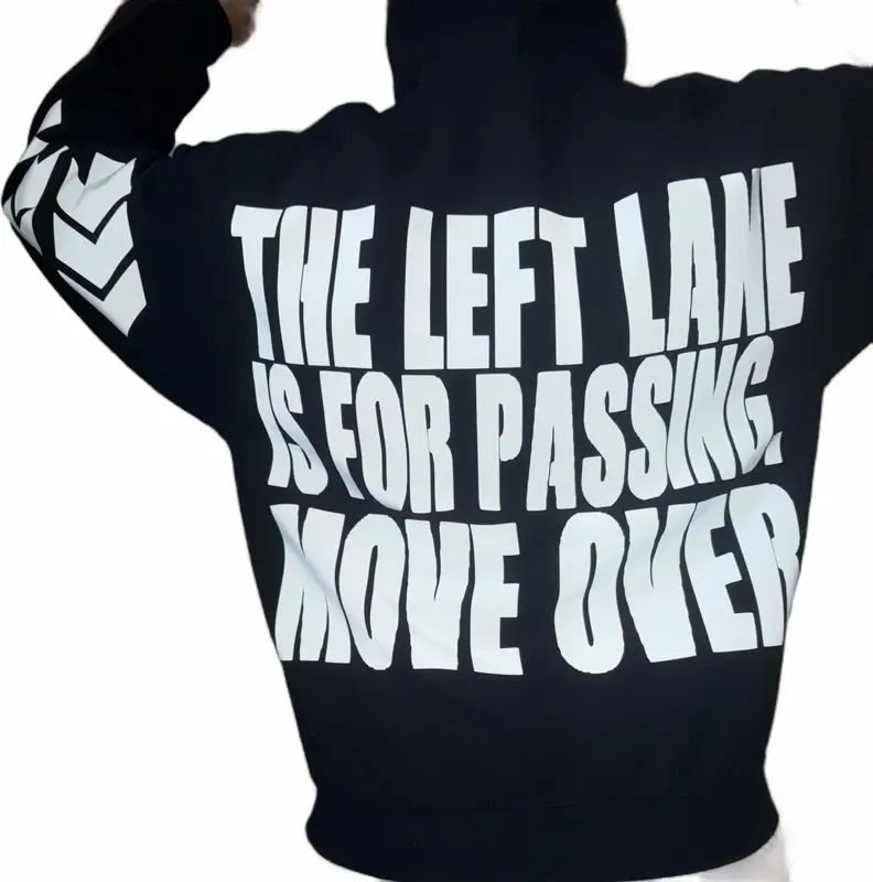 White Reflective Left Lane Is For Passing Hoodie Sweatshirt Loose Fit Nighttime Riding Essential Garment with Silver Reflective Designs for Enhanced Visibility