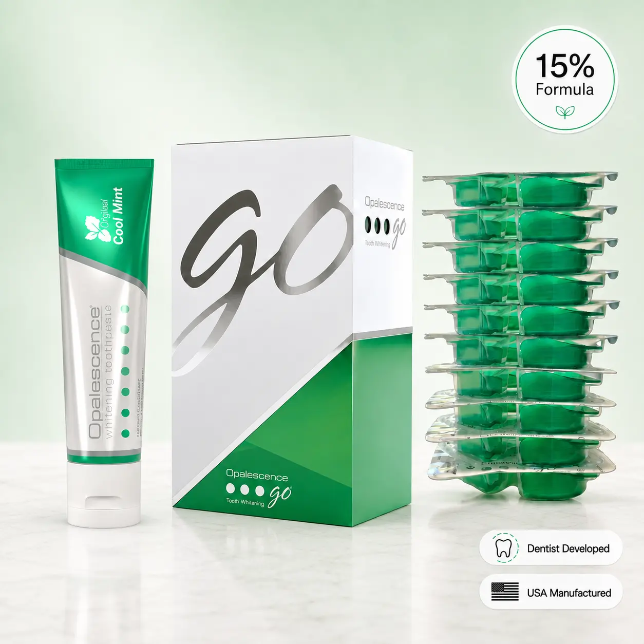 Opalescence Teeth Whitening Bundle – 15% Hydrogen Peroxide Opalescence Go Trays (10 Treatments) & Whitening Toothpaste 4.7 oz – Cool Mint Oral Care