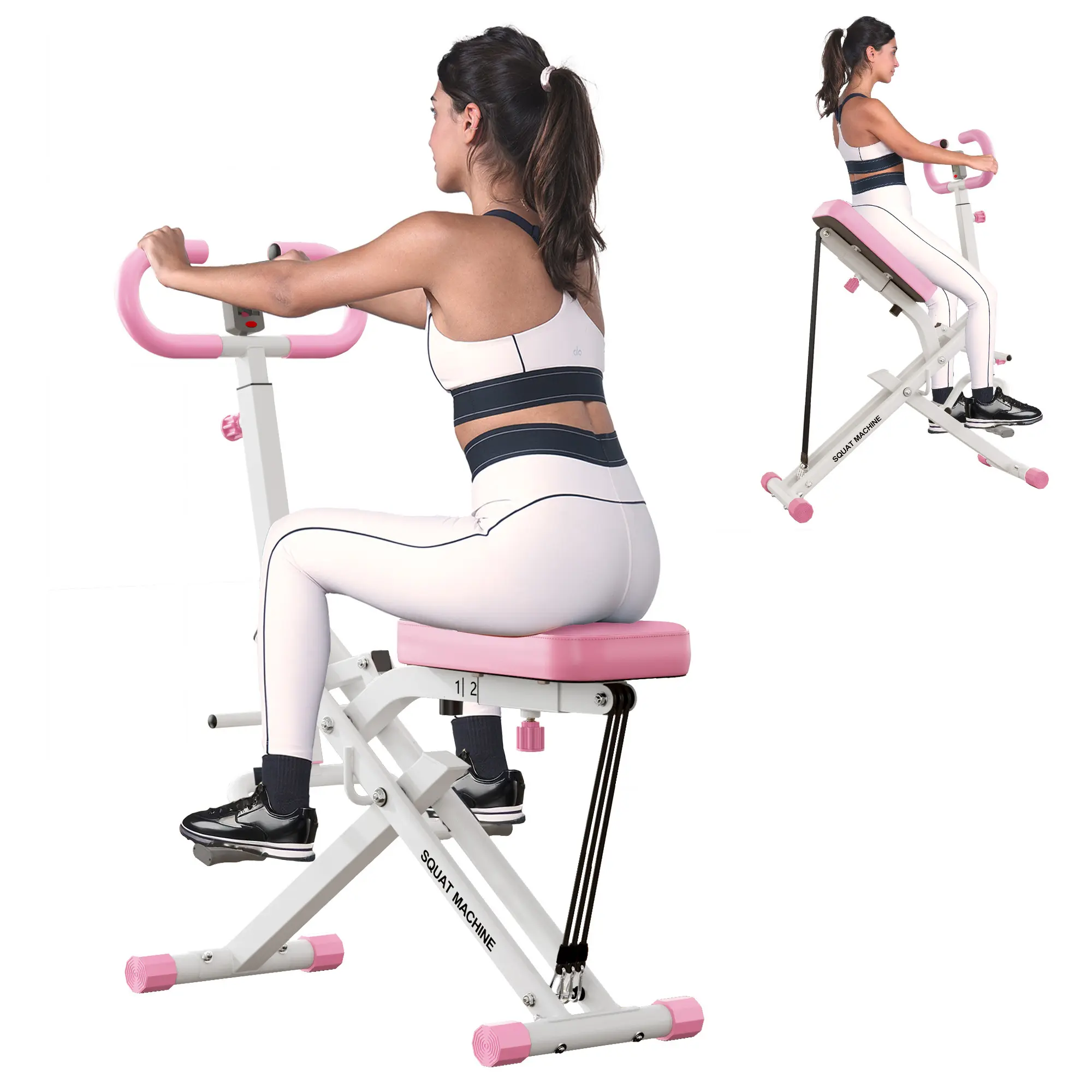2-in-1 Squat Rowing Machine, Foldable Upper Glute Workout Trainer for Full Body Strength Training at Home, Unisex Equipment with Adjustable Resistance & LCD Display - Pink, Upper Glute Workout Machine, Home Gym