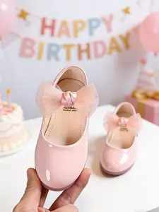 Girls' Mesh Bow Decorated PU Leather Shoes, Anti-Slip Round Toe Low Top Flats, Sweet Style Casual Party Shoes, Bowknot Design Flats