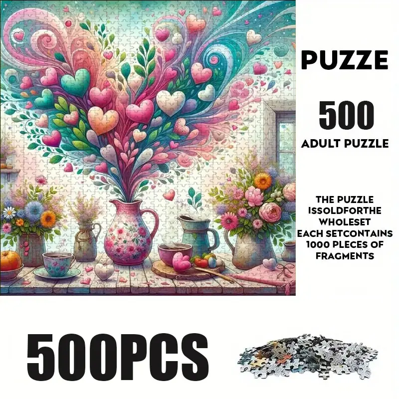 500 Piece Heart Vase Puzzle, Large Adult Family Interactive Toy, DIY Home Decor Brain Challenge, Holiday Scene, Mixed Colors, Perfect Gift