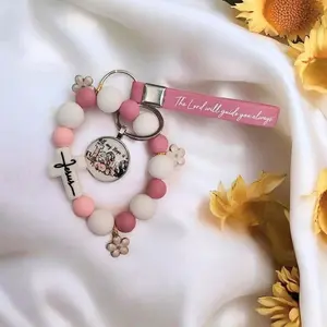 Jesus rose flower  keychain bracelet pink and white