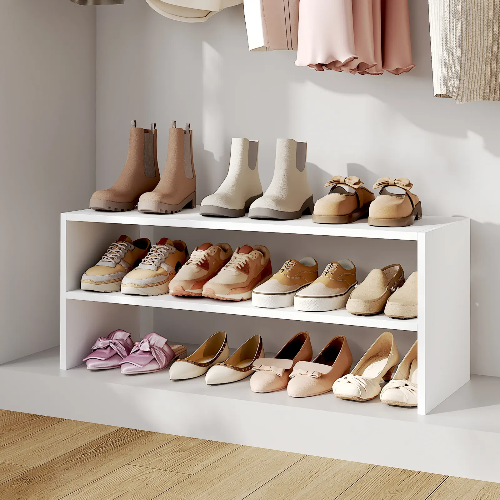 2 Tiers Wood Shoe Rack, Shoe Shelves, Desk Shelf, 24/31" W, White Stackable, Sturdy, Heavy Weight Capacity, for Closets Entryway Small Space Bathroom