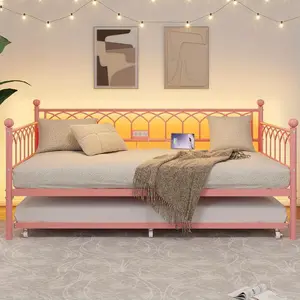 Daybed Frame with Trundle, Heavy Duty Metal Platform Sofa Bed Frame with Charging Station and LED Lights for Small Spaces, Living Room, Bedroom, Apartment, Pink