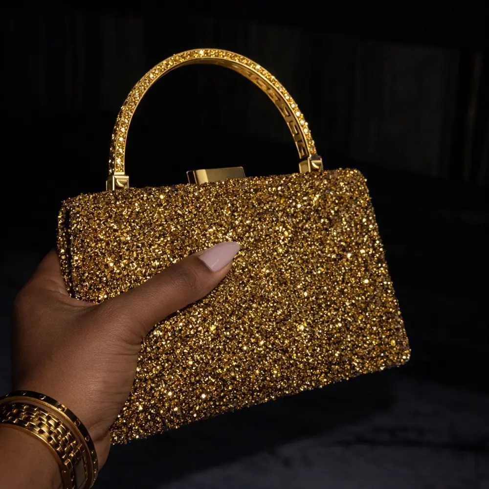 Women's Lightweight Gold Glitter Top Handle Clutch Purse - Sparkling Gold Clutch Bag for Evening Occasions, Evening Clutch Bag