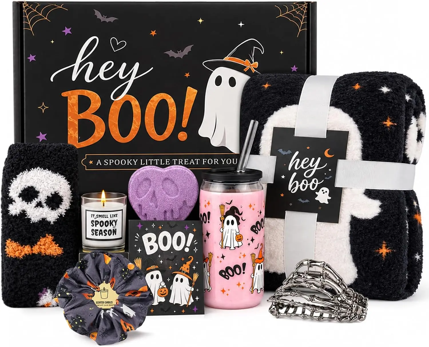 Black Boo Basket Stuffers for Women, Halloween Gifts Set with Blanket